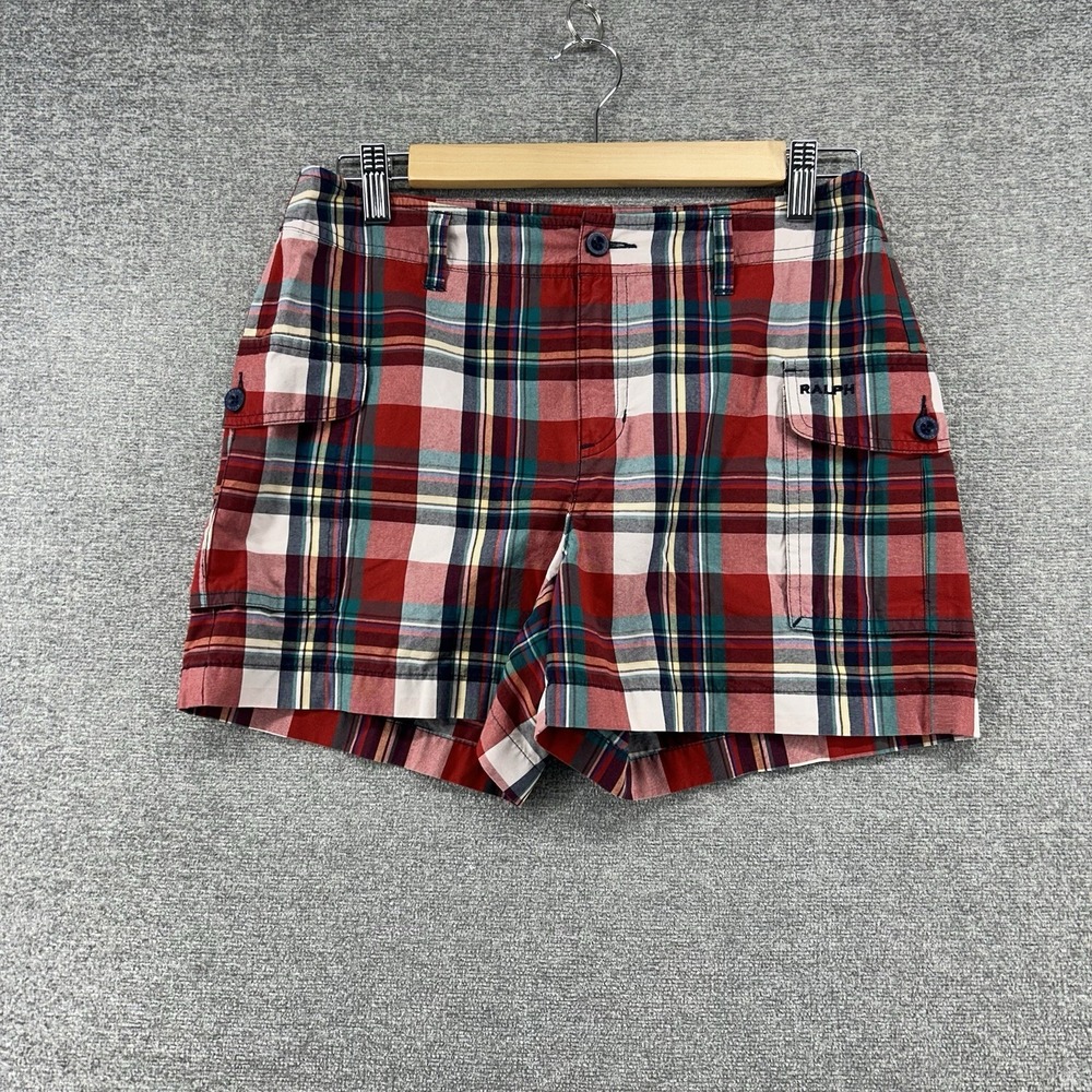 Ralph Ralph Lauren Bermuda Cargo Shorts Women Size 4 Red‎ Plaid Casual